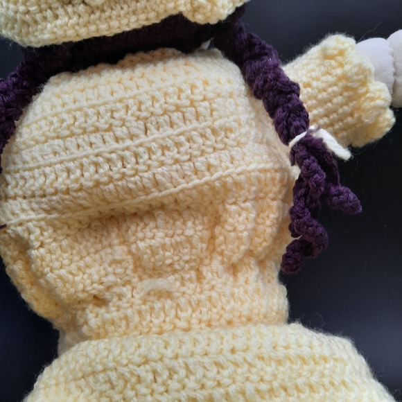 Handmade‎ Crochet Doll Yellow Dress Hat Boots Fabric Face Purple Hair Tassels - Picture 4 of 5